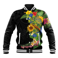Hawaiian Tropical Plants and Chameleon Baseball Jacket Polynesian Art Colorful - Polynesian Pride