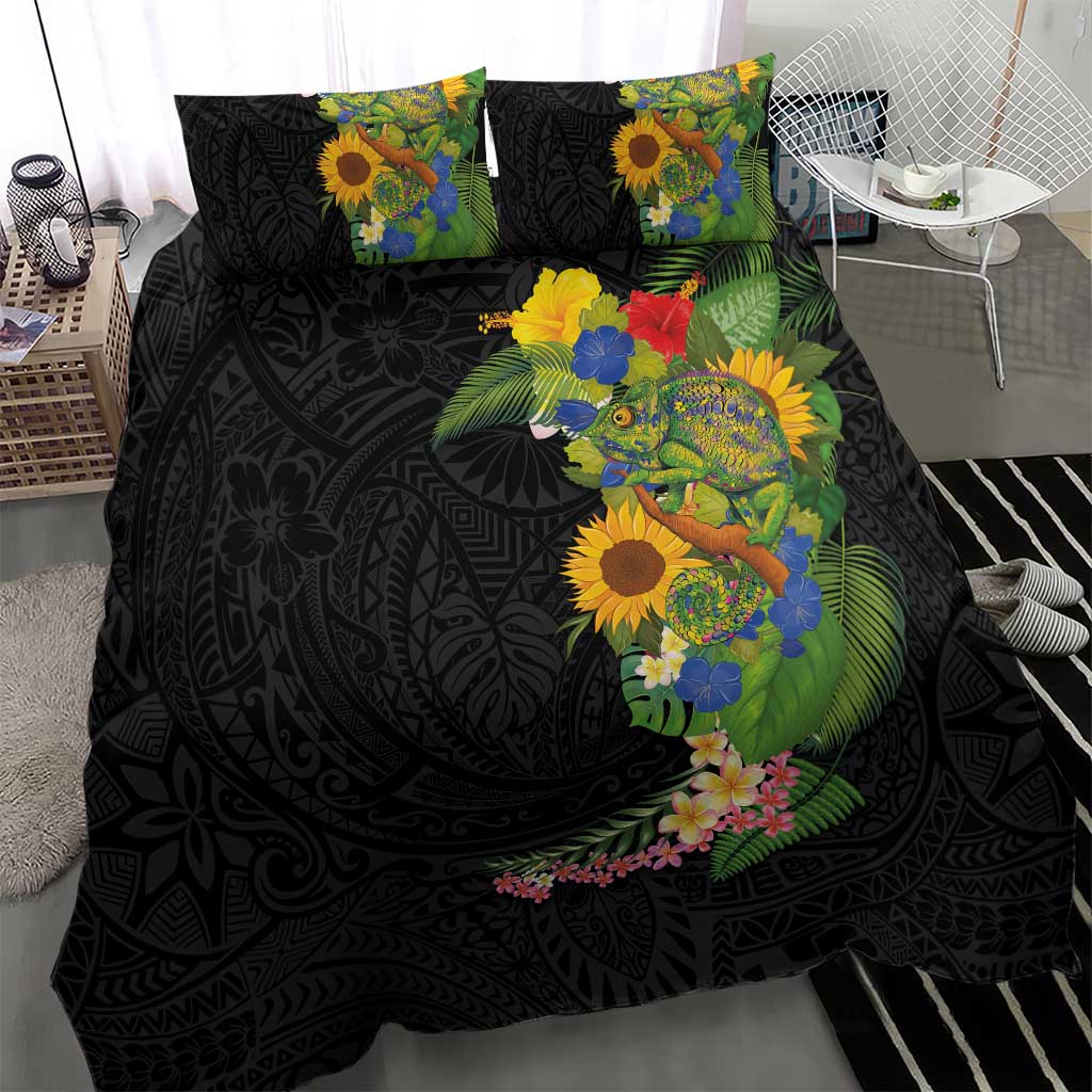 Hawaiian Tropical Plants and Chameleon Bedding Set Polynesian Art Colorful - Polynesian Pride
