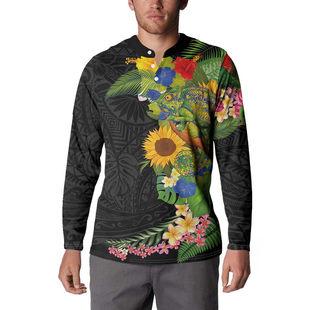 Hawaiian Tropical Plants and Chameleon Button Sweatshirt Polynesian Art Colorful - Polynesian Pride