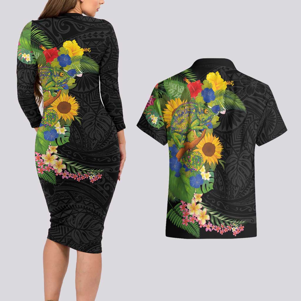 Hawaiian Tropical Plants and Chameleon Couples Matching Long Sleeve Bodycon Dress and Hawaiian Shirt Polynesian Art Colorful - Polynesian Pride