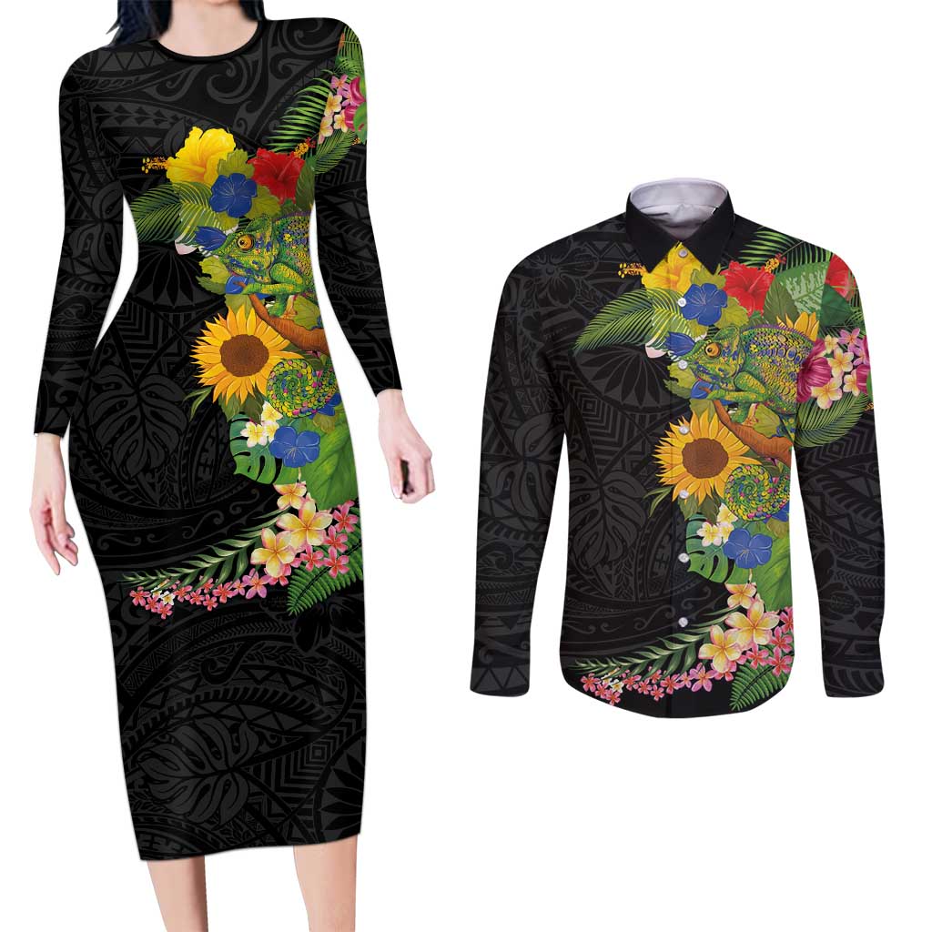 Hawaiian Tropical Plants and Chameleon Couples Matching Long Sleeve Bodycon Dress and Long Sleeve Button Shirt Polynesian Art Colorful - Polynesian Pride