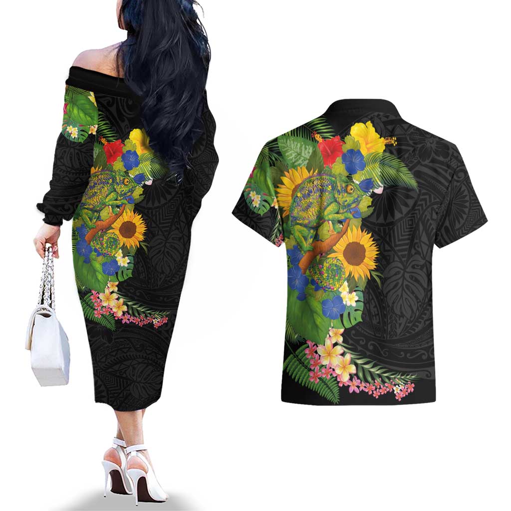 Hawaiian Tropical Plants and Chameleon Couples Matching Off The Shoulder Long Sleeve Dress and Hawaiian Shirt Polynesian Art Colorful - Polynesian Pride