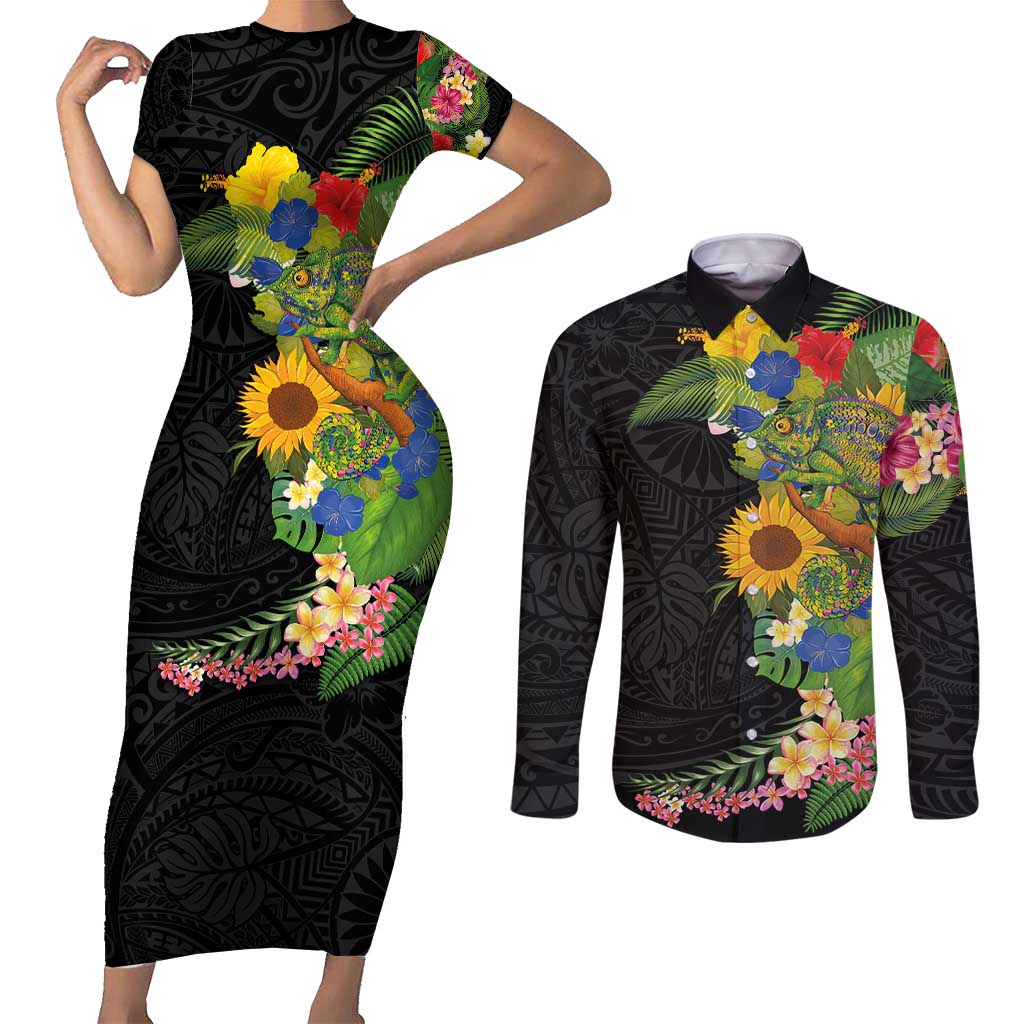 Hawaiian Tropical Plants and Chameleon Couples Matching Short Sleeve Bodycon Dress and Long Sleeve Button Shirt Polynesian Art Colorful - Polynesian Pride