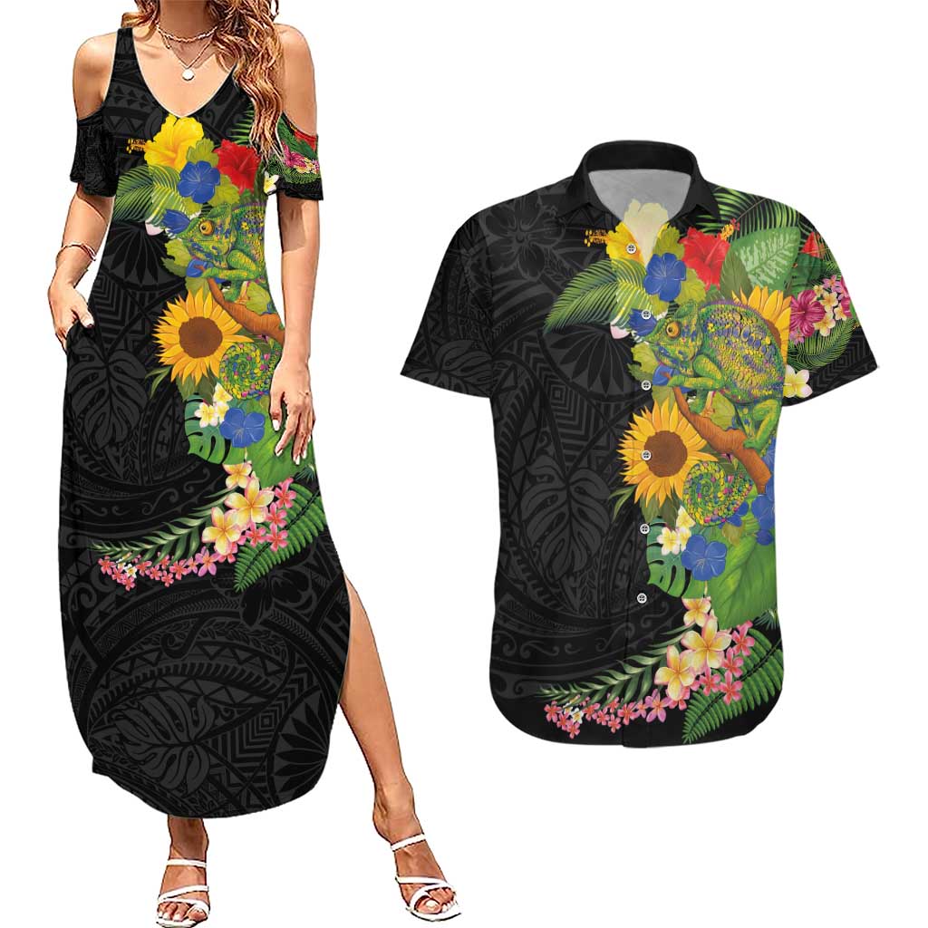 Hawaiian Tropical Plants and Chameleon Couples Matching Summer Maxi Dress and Hawaiian Shirt Polynesian Art Colorful - Polynesian Pride