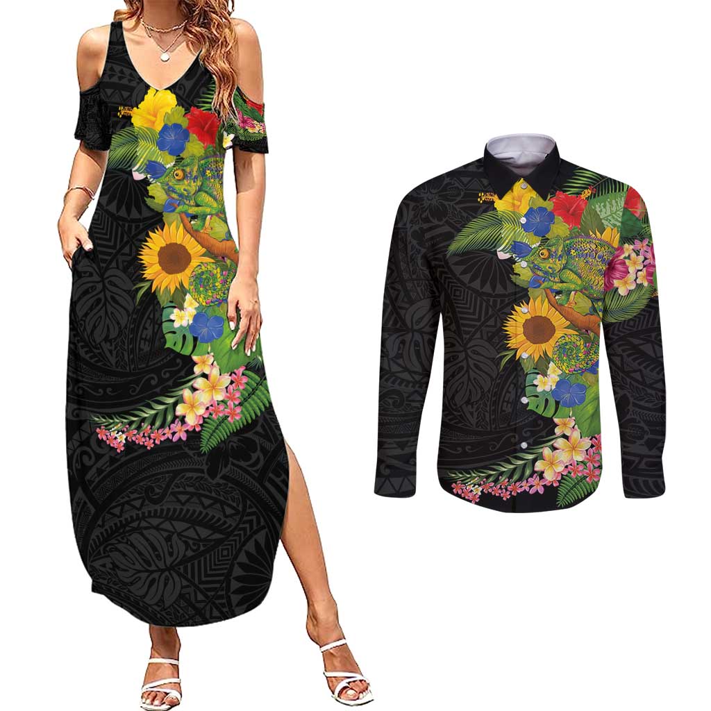 Hawaiian Tropical Plants and Chameleon Couples Matching Summer Maxi Dress and Long Sleeve Button Shirt Polynesian Art Colorful - Polynesian Pride