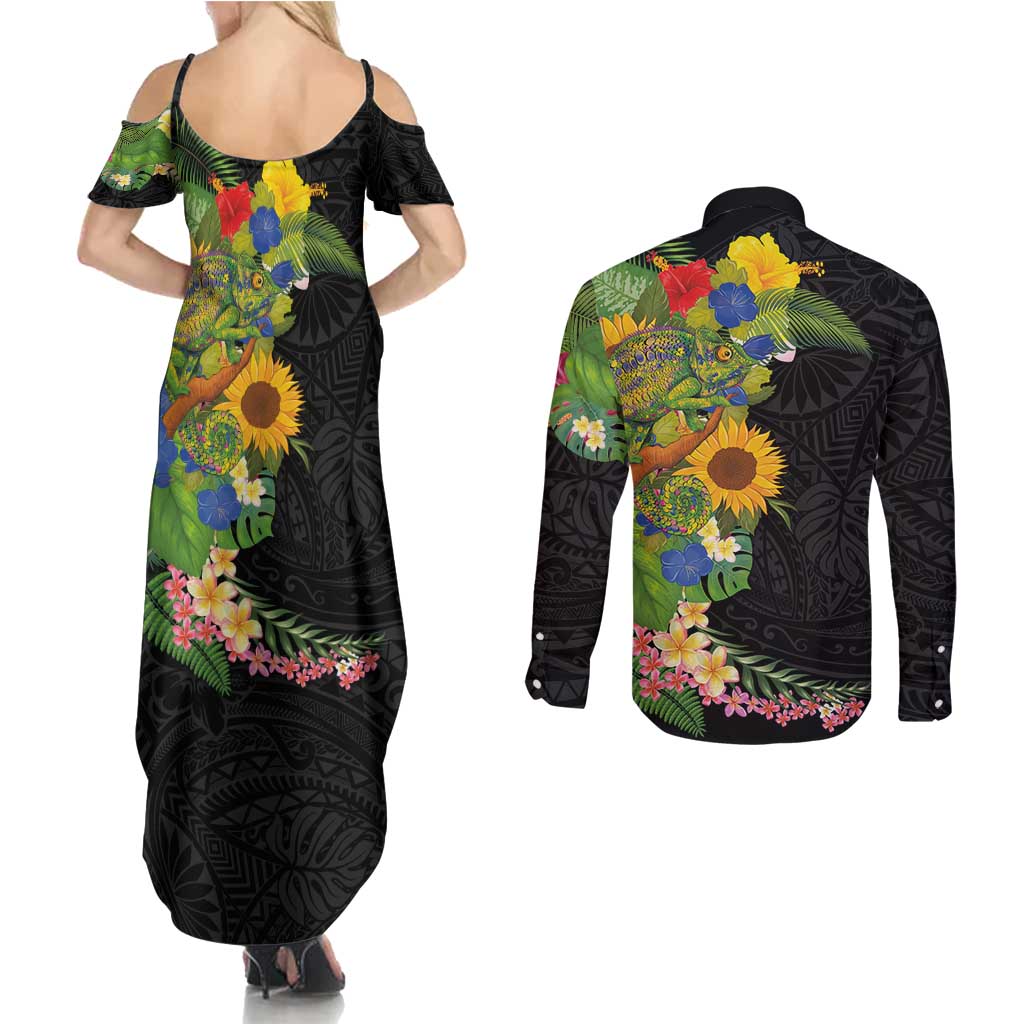 Hawaiian Tropical Plants and Chameleon Couples Matching Summer Maxi Dress and Long Sleeve Button Shirt Polynesian Art Colorful - Polynesian Pride