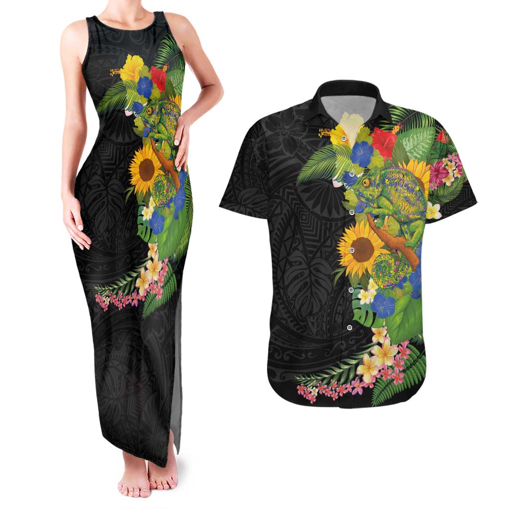 Hawaiian Tropical Plants and Chameleon Couples Matching Tank Maxi Dress and Hawaiian Shirt Polynesian Art Colorful - Polynesian Pride