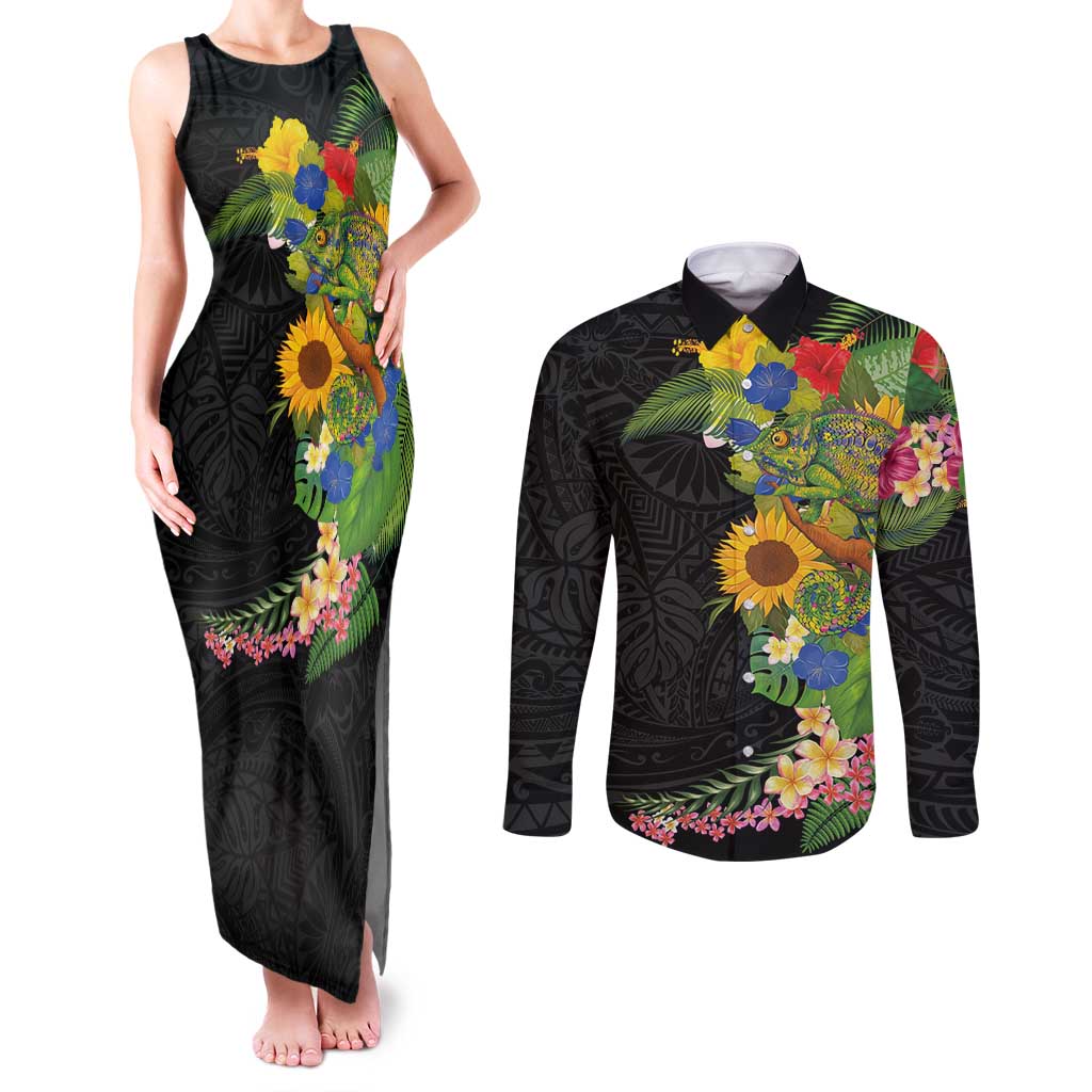 Hawaiian Tropical Plants and Chameleon Couples Matching Tank Maxi Dress and Long Sleeve Button Shirt Polynesian Art Colorful - Polynesian Pride