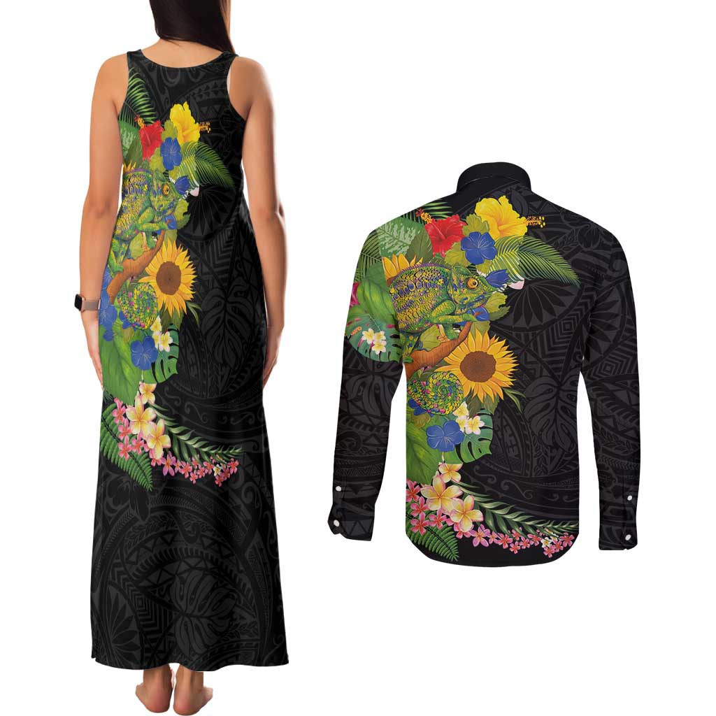 Hawaiian Tropical Plants and Chameleon Couples Matching Tank Maxi Dress and Long Sleeve Button Shirt Polynesian Art Colorful - Polynesian Pride