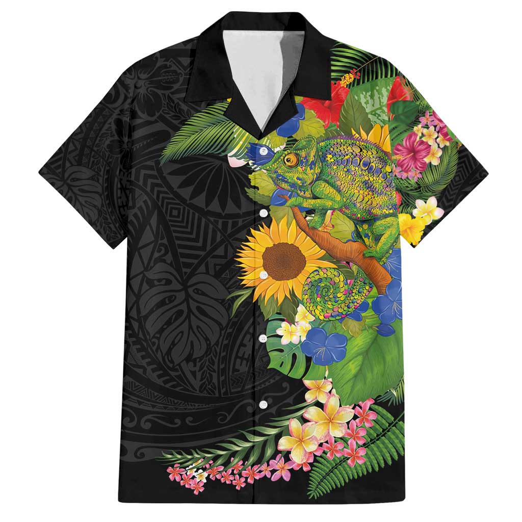Hawaiian Tropical Plants and Chameleon Family Matching Long Sleeve Bodycon Dress and Hawaiian Shirt Polynesian Art Colorful LT03 Dad's Shirt - Short Sleeve Black - Polynesian Pride