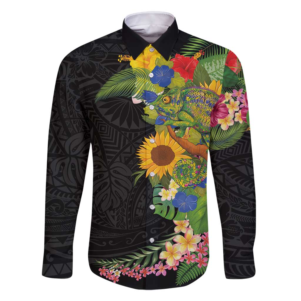 Hawaiian Tropical Plants and Chameleon Family Matching Mermaid Dress and Hawaiian Shirt Polynesian Art Colorful LT03 Dad's Shirt - Long Sleeve Black - Polynesian Pride