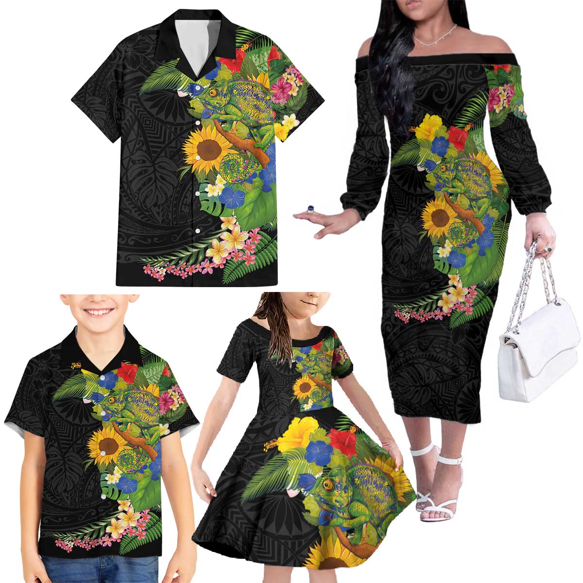 Hawaiian Tropical Plants and Chameleon Family Matching Off The Shoulder Long Sleeve Dress and Hawaiian Shirt Polynesian Art Colorful - Polynesian Pride