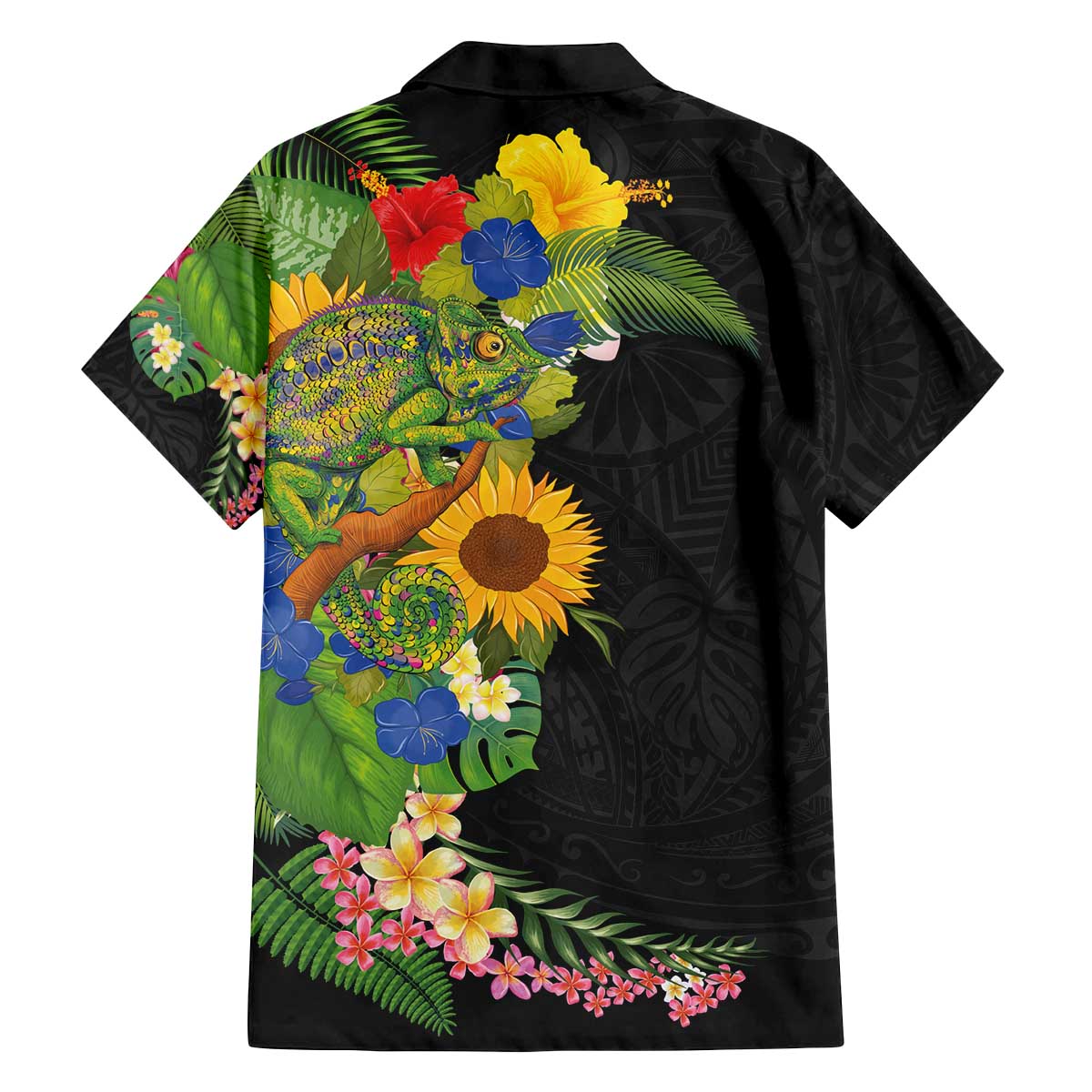 Hawaiian Tropical Plants and Chameleon Family Matching Off The Shoulder Long Sleeve Dress and Hawaiian Shirt Polynesian Art Colorful - Polynesian Pride