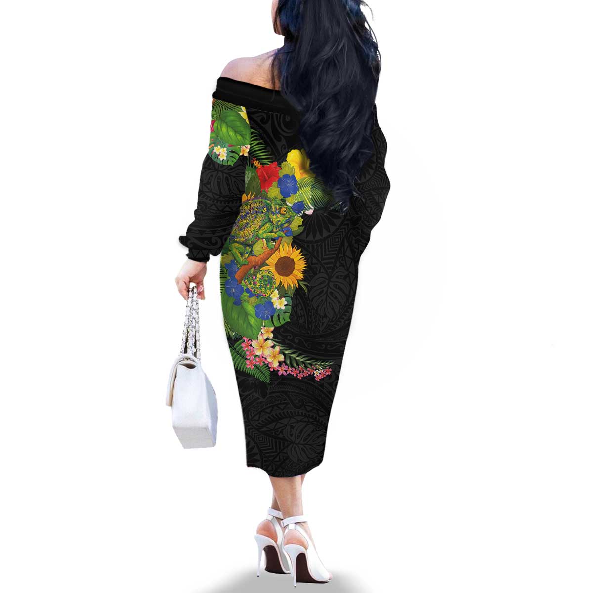Hawaiian Tropical Plants and Chameleon Family Matching Off The Shoulder Long Sleeve Dress and Hawaiian Shirt Polynesian Art Colorful - Polynesian Pride