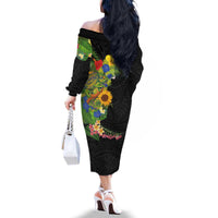 Hawaiian Tropical Plants and Chameleon Family Matching Off The Shoulder Long Sleeve Dress and Hawaiian Shirt Polynesian Art Colorful - Polynesian Pride