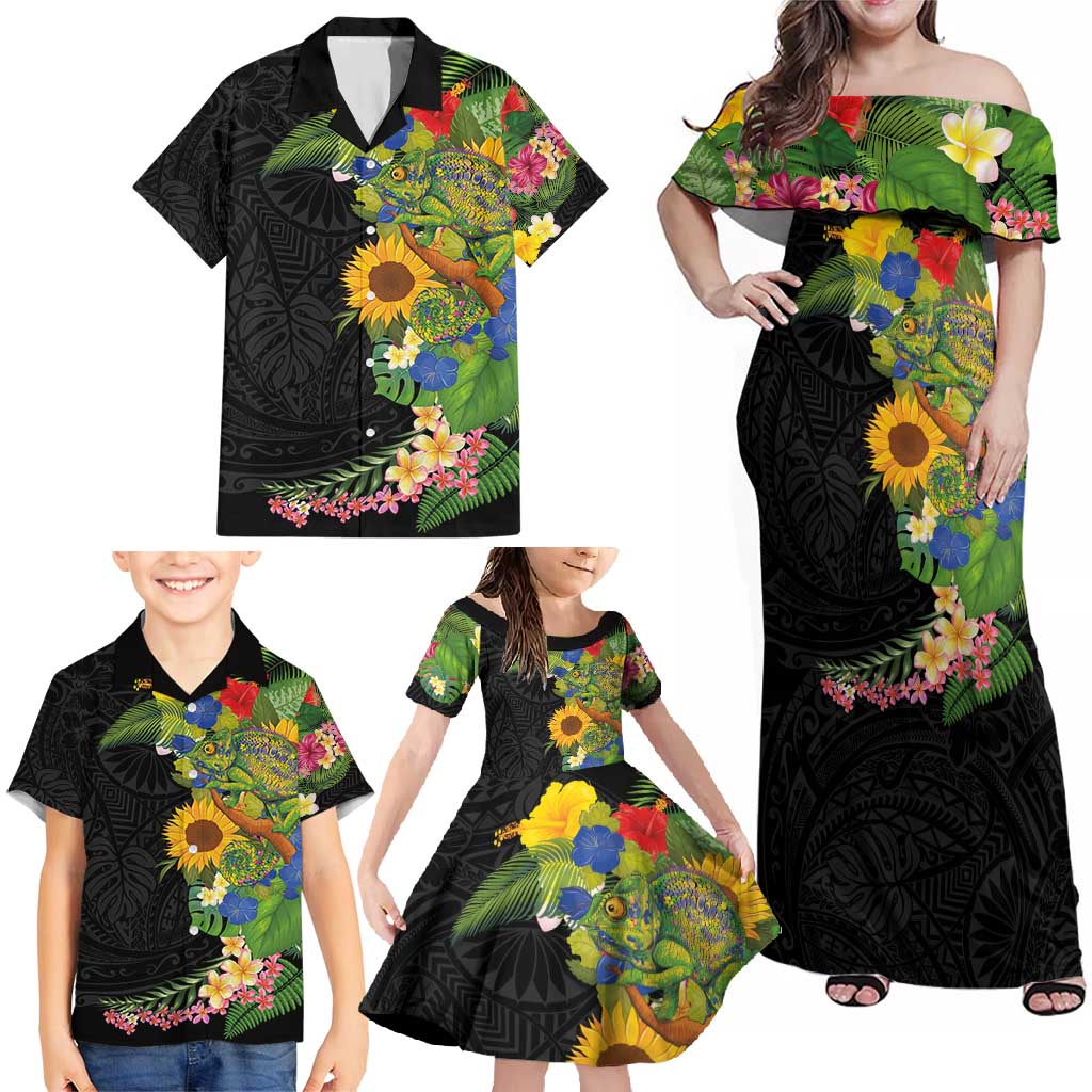 Hawaiian Tropical Plants and Chameleon Family Matching Off Shoulder Maxi Dress and Hawaiian Shirt Polynesian Art Colorful - Polynesian Pride