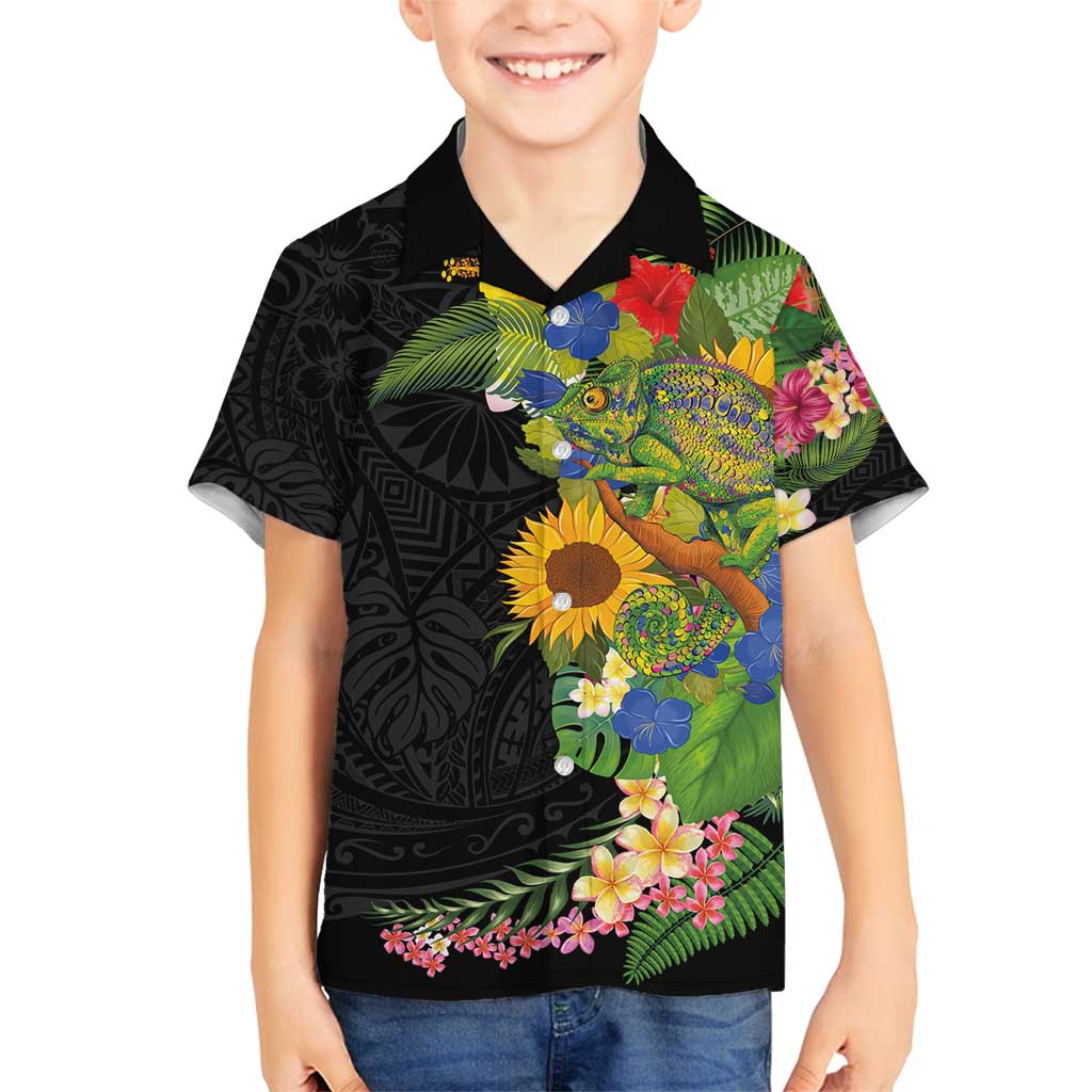 Hawaiian Tropical Plants and Chameleon Family Matching Off Shoulder Short Dress and Hawaiian Shirt Polynesian Art Colorful LT03 Son's Shirt Black - Polynesian Pride