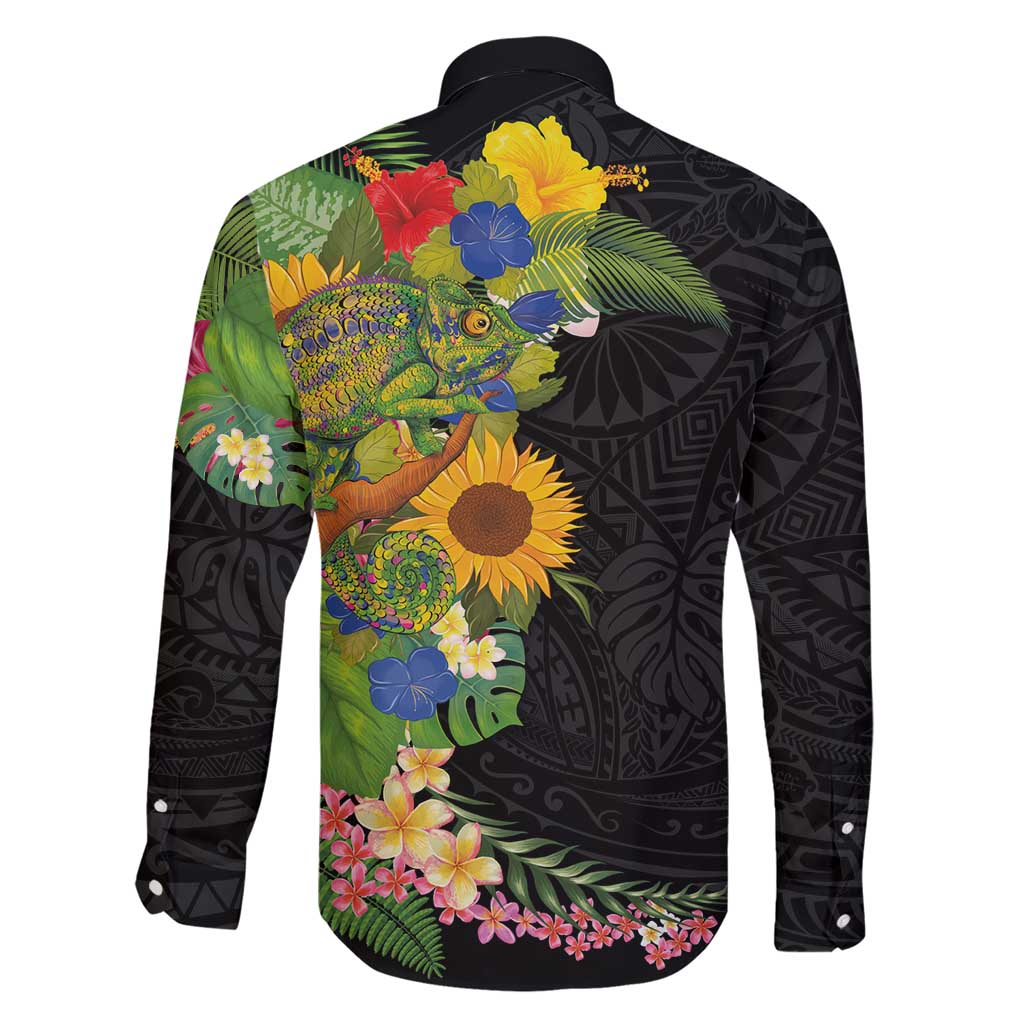 Hawaiian Tropical Plants and Chameleon Family Matching Short Sleeve Bodycon Dress and Hawaiian Shirt Polynesian Art Colorful LT03 - Polynesian Pride