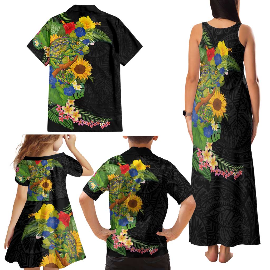Hawaiian Tropical Plants and Chameleon Family Matching Tank Maxi Dress and Hawaiian Shirt Polynesian Art Colorful - Polynesian Pride