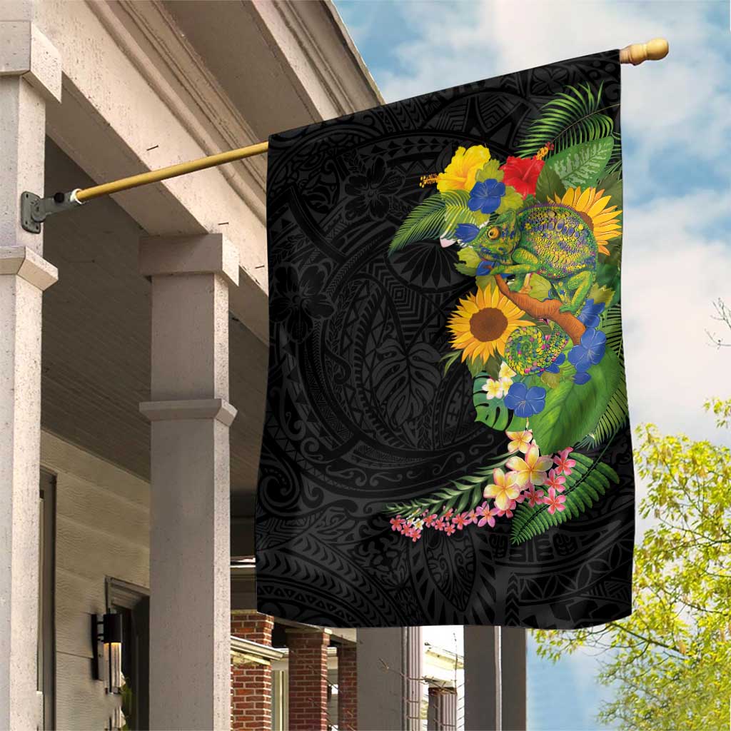 Hawaiian Tropical Plants and Chameleon Garden Flag Polynesian Art Colorful - Polynesian Pride