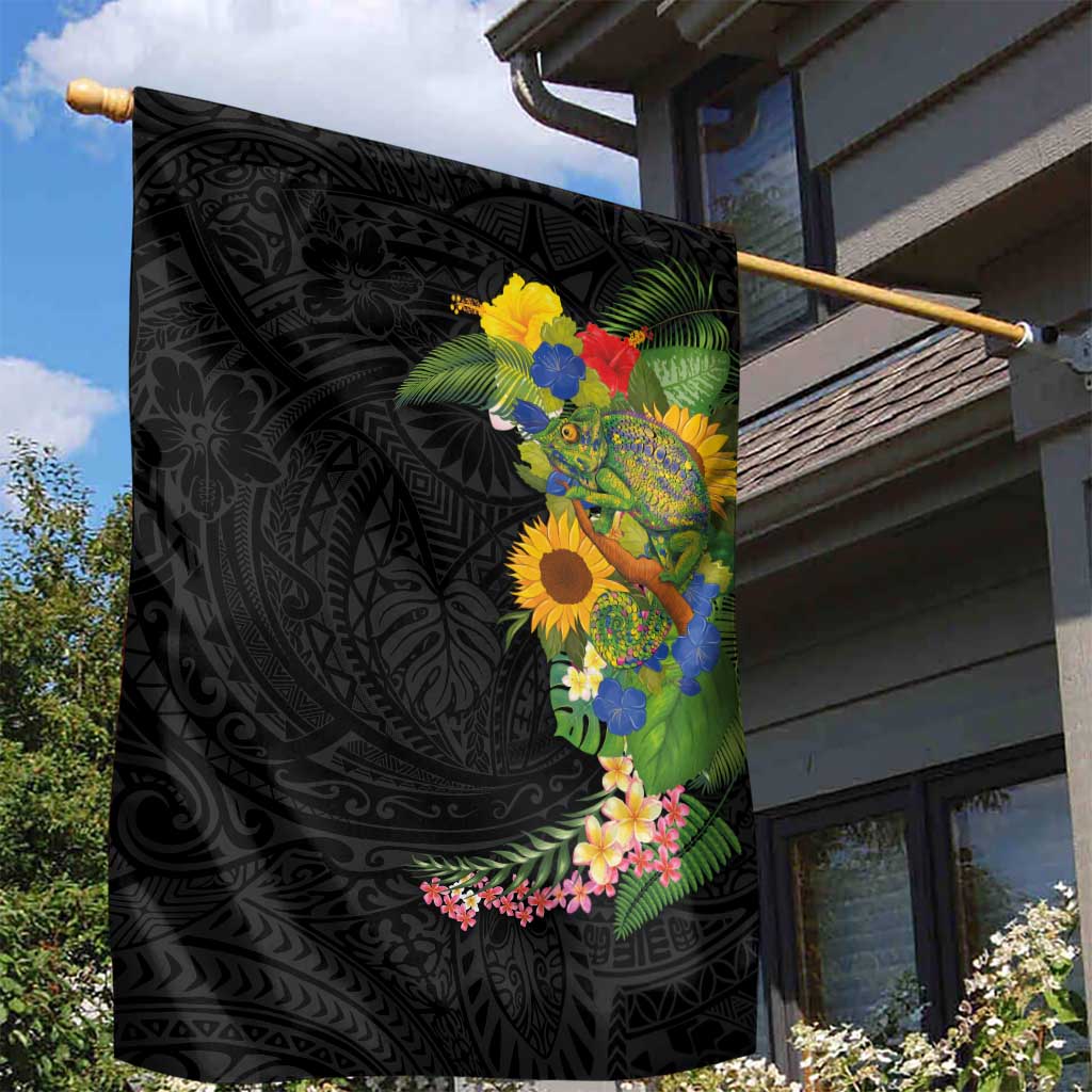 Hawaiian Tropical Plants and Chameleon Garden Flag Polynesian Art Colorful - Polynesian Pride