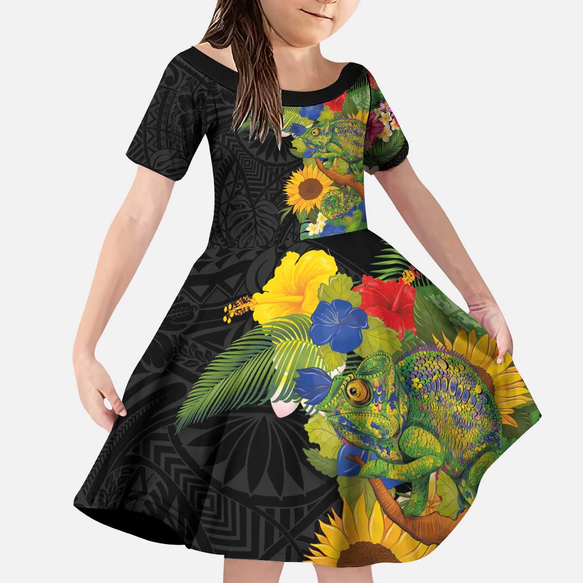 Hawaiian Tropical Plants and Chameleon Kid Short Sleeve Dress Polynesian Art Colorful - Polynesian Pride