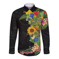 Hawaiian Tropical Plants and Chameleon Long Sleeve Button Shirt Polynesian Art Colorful - Polynesian Pride