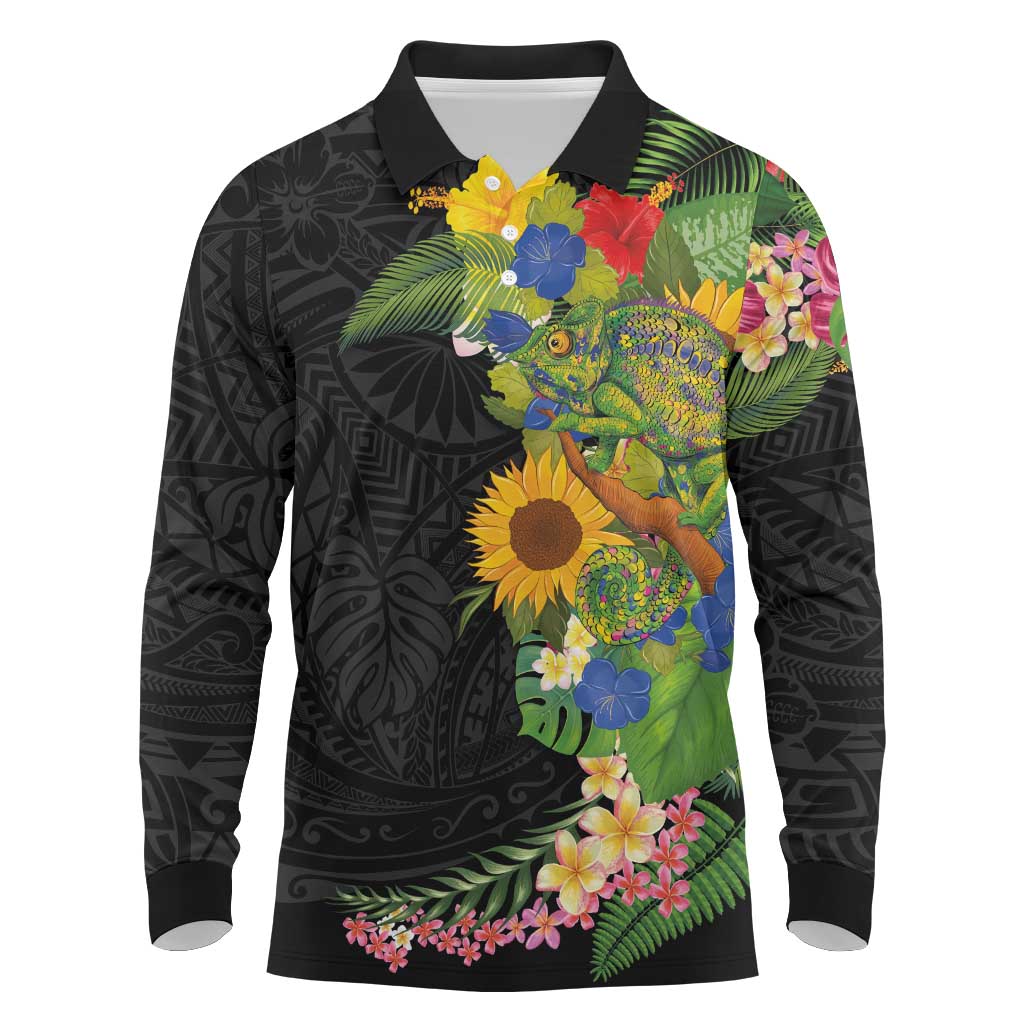 Hawaiian Tropical Plants and Chameleon Long Sleeve Polo Shirt Polynesian Art Colorful LT03 Black - Polynesian Pride