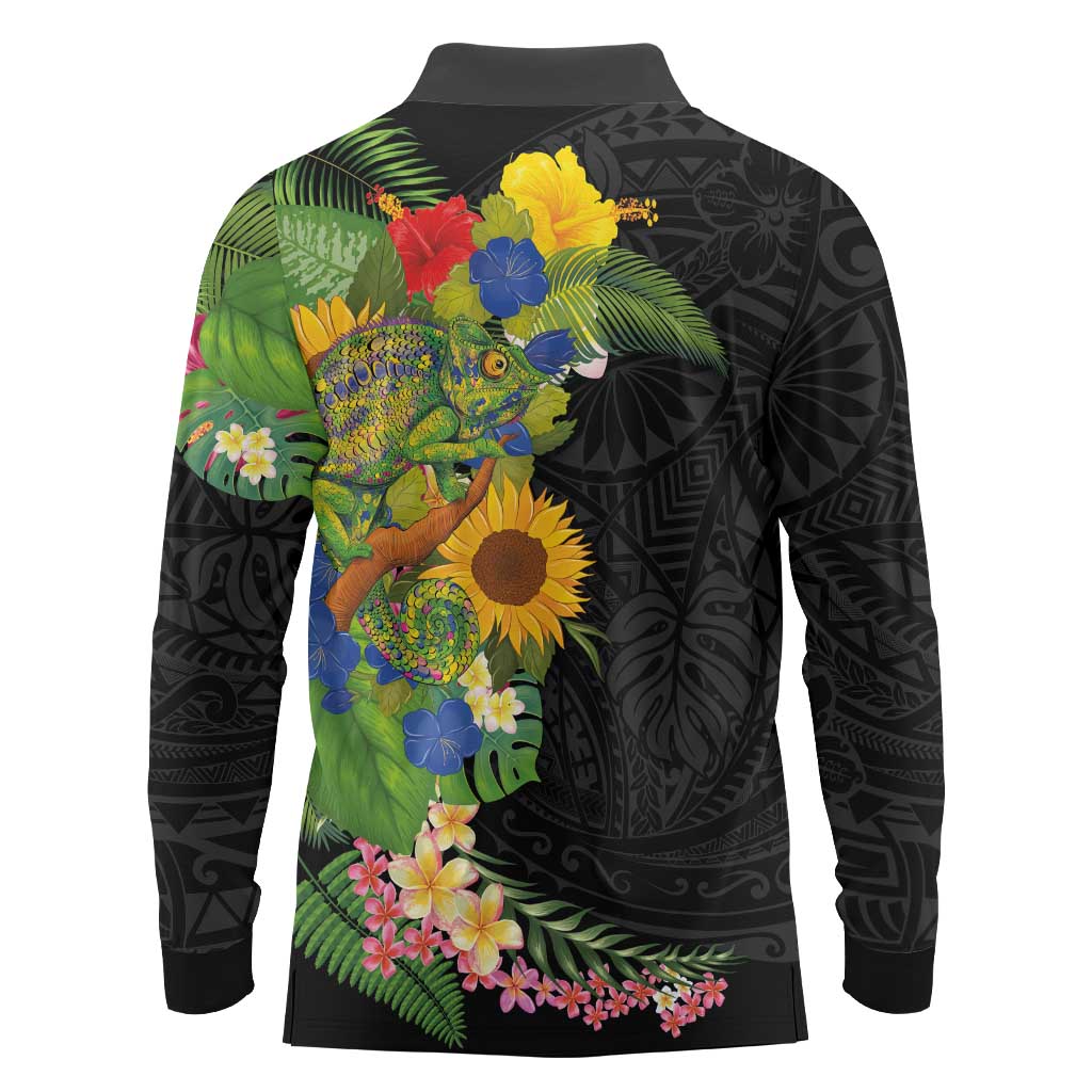 Hawaiian Tropical Plants and Chameleon Long Sleeve Polo Shirt Polynesian Art Colorful LT03 - Polynesian Pride