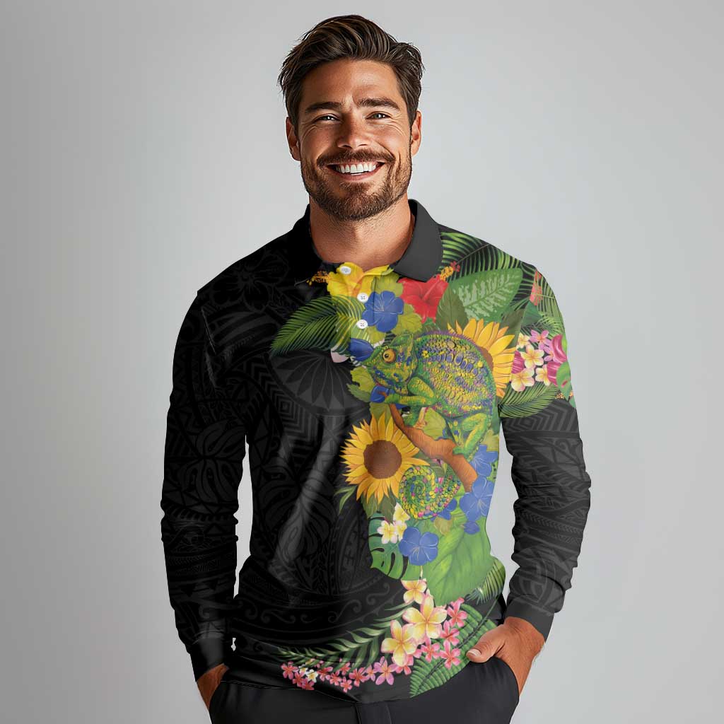 Hawaiian Tropical Plants and Chameleon Long Sleeve Polo Shirt Polynesian Art Colorful LT03 - Polynesian Pride