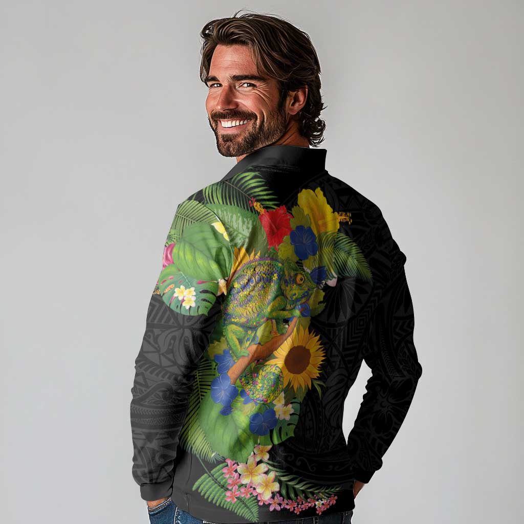 Hawaiian Tropical Plants and Chameleon Long Sleeve Polo Shirt Polynesian Art Colorful LT03 - Polynesian Pride