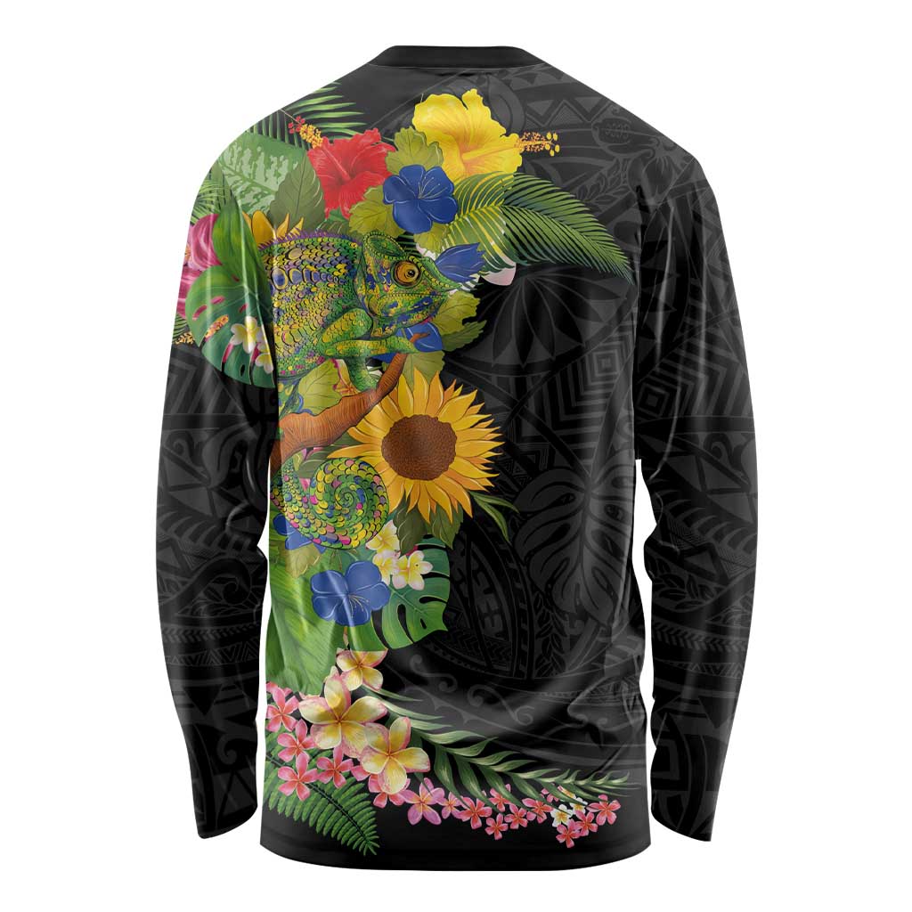 Hawaiian Tropical Plants and Chameleon Long Sleeve Shirt Polynesian Art Colorful - Polynesian Pride