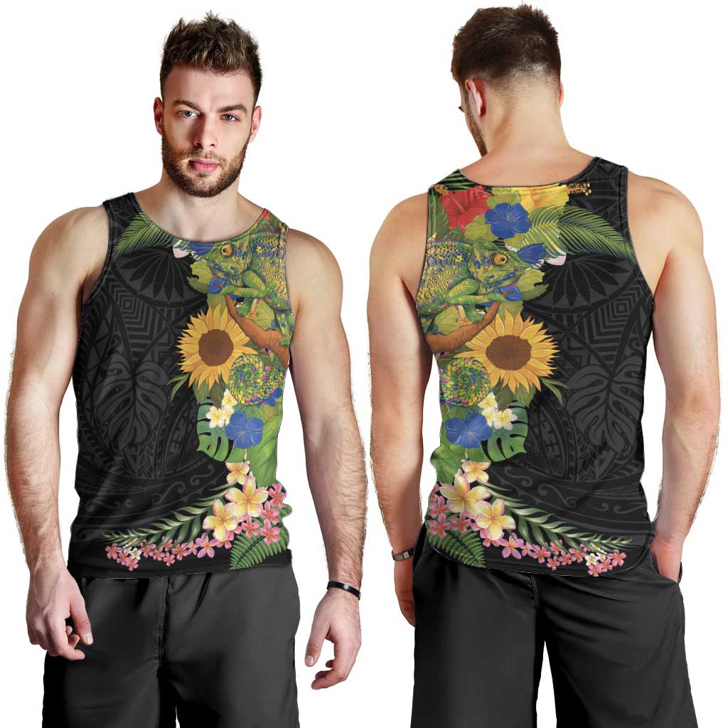 Hawaiian Tropical Plants and Chameleon Men Tank Top Polynesian Art Colorful - Polynesian Pride