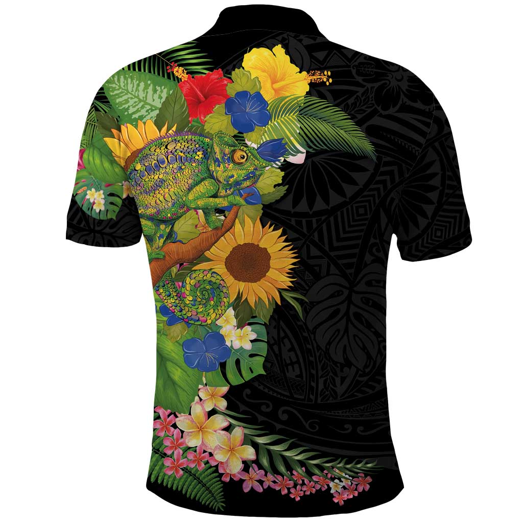 Hawaiian Tropical Plants and Chameleon Polo Shirt Polynesian Art Colorful - Polynesian Pride
