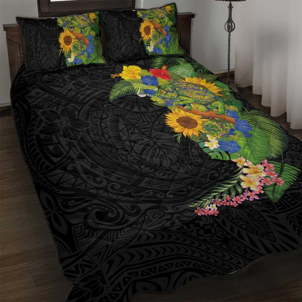 Hawaiian Tropical Plants and Chameleon Quilt Bed Set Polynesian Art Colorful - Polynesian Pride