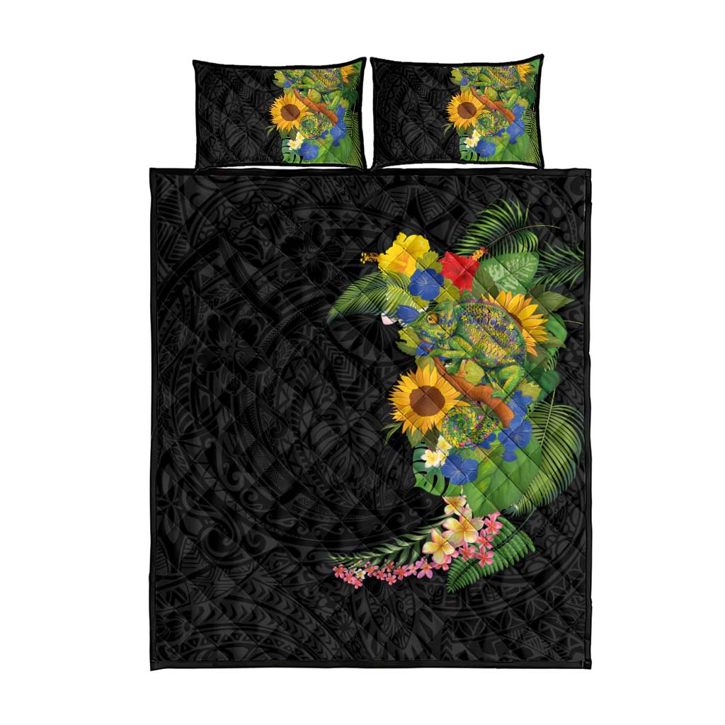 Hawaiian Tropical Plants and Chameleon Quilt Bed Set Polynesian Art Colorful - Polynesian Pride