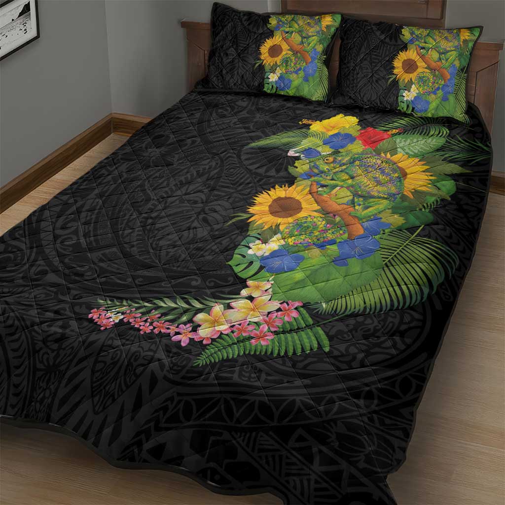 Hawaiian Tropical Plants and Chameleon Quilt Bed Set Polynesian Art Colorful - Polynesian Pride