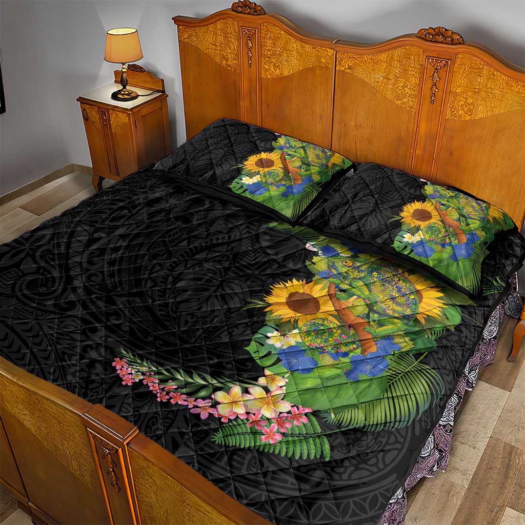 Hawaiian Tropical Plants and Chameleon Quilt Bed Set Polynesian Art Colorful - Polynesian Pride