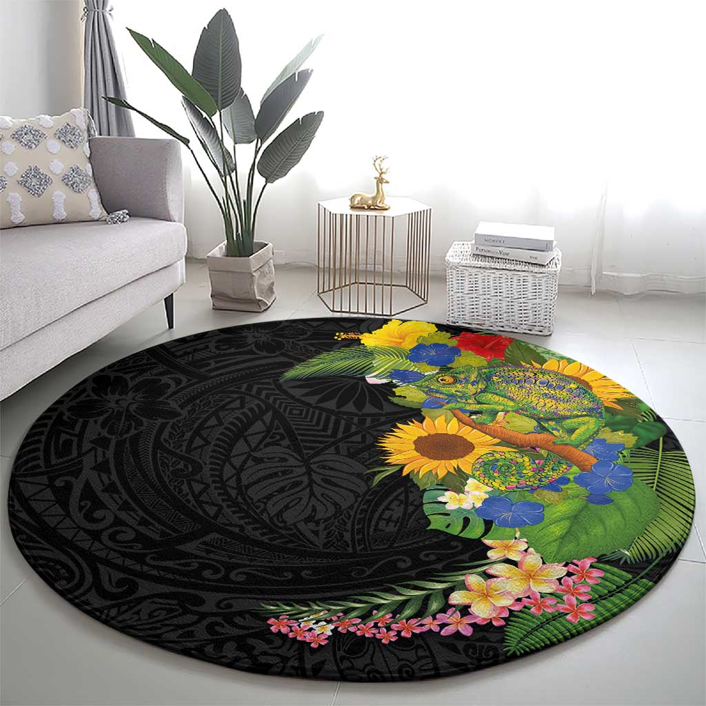 Hawaiian Tropical Plants and Chameleon Round Carpet Polynesian Art Colorful - Polynesian Pride