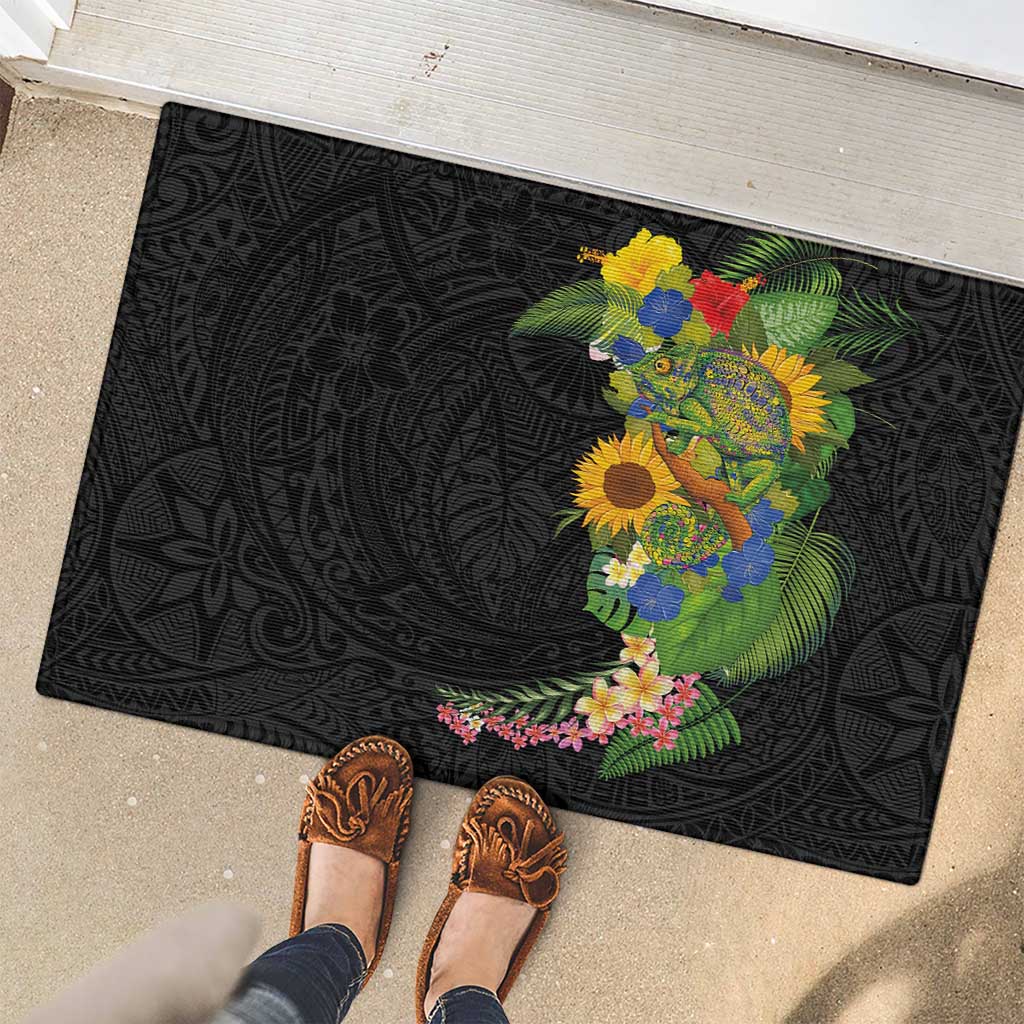 Hawaiian Tropical Plants and Chameleon Rubber Doormat Polynesian Art Colorful - Polynesian Pride