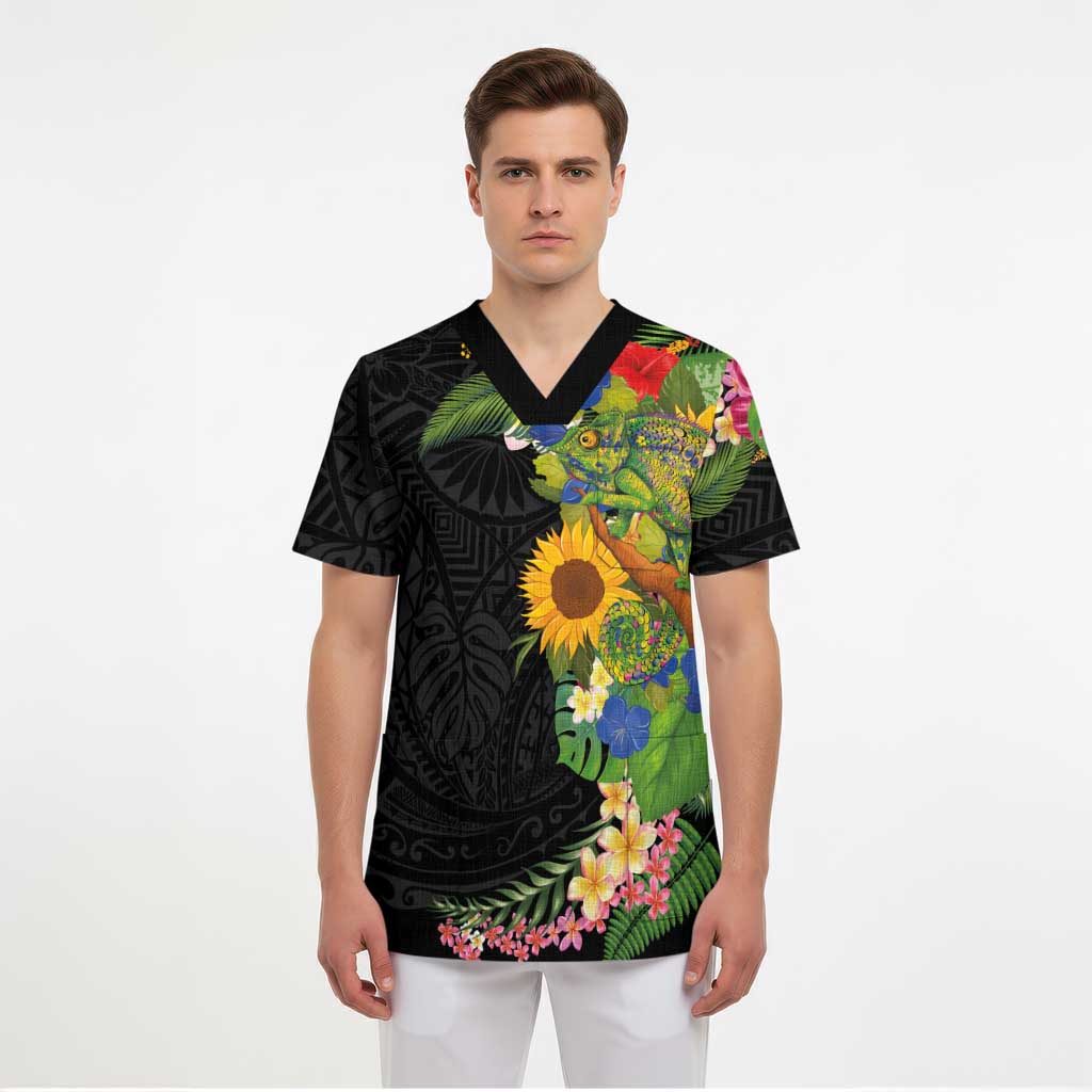 Hawaiian Tropical Plants and Chameleon Scrub Top Polynesian Art Colorful - Polynesian Pride