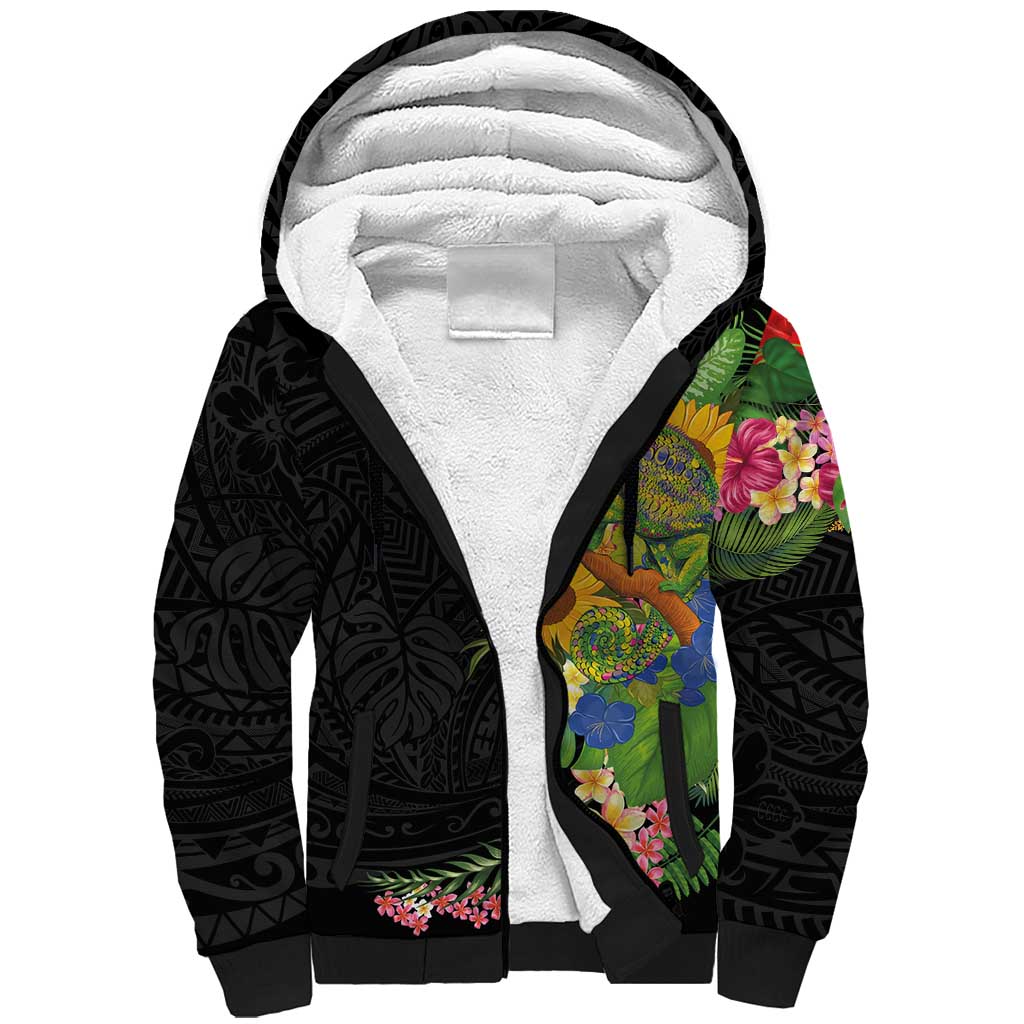 Hawaiian Tropical Plants and Chameleon Sherpa Hoodie Polynesian Art Colorful - Polynesian Pride