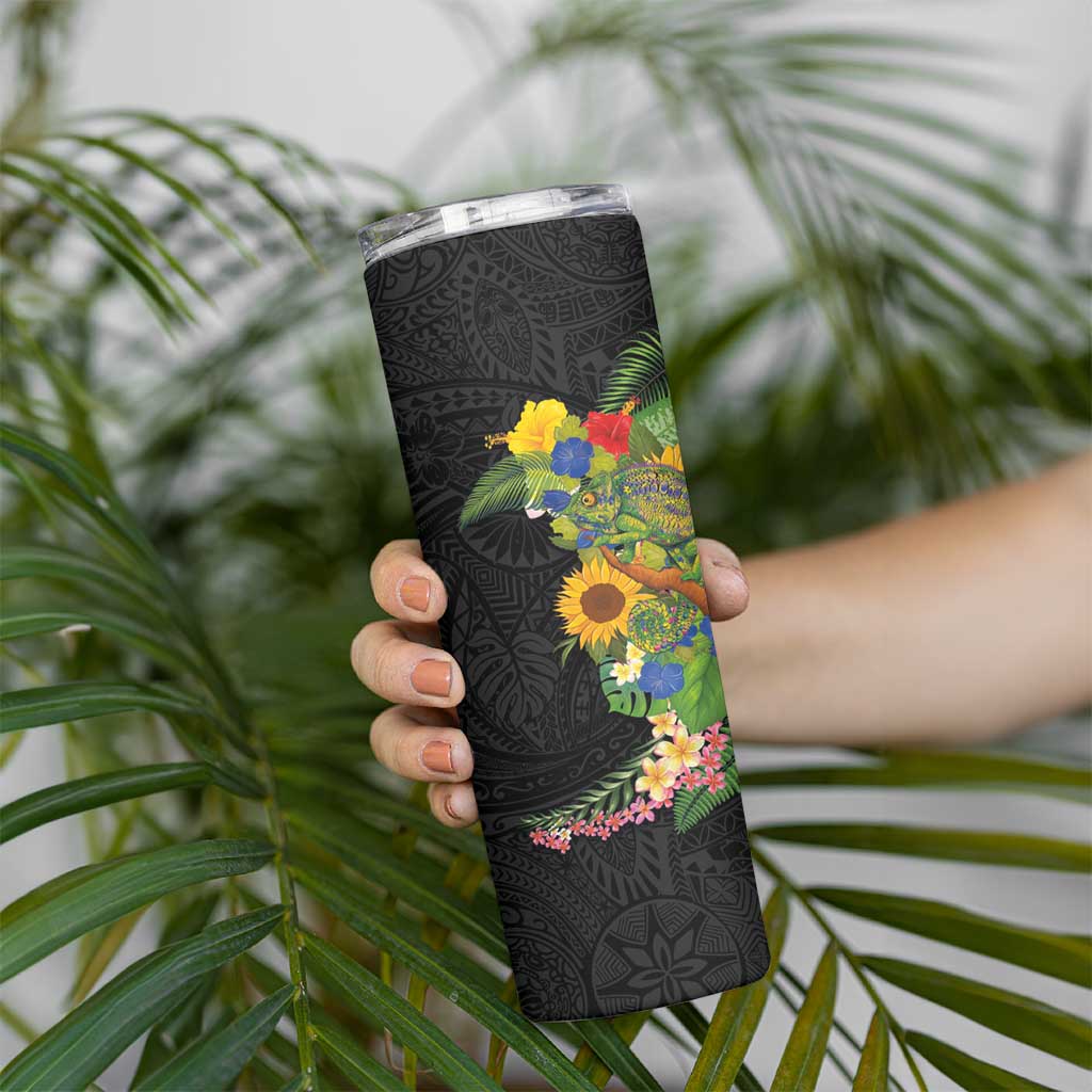 Hawaiian Tropical Plants and Chameleon Skinny Tumbler Polynesian Art Colorful - Polynesian Pride