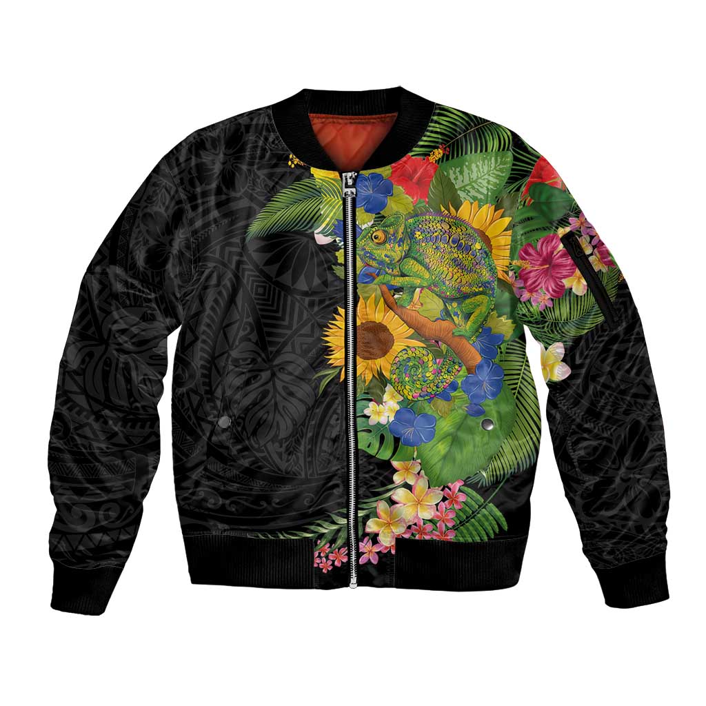 Hawaiian Tropical Plants and Chameleon Sleeve Zip Bomber Jacket Polynesian Art Colorful LT03 Unisex Black - Polynesian Pride