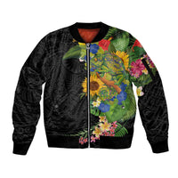 Hawaiian Tropical Plants and Chameleon Sleeve Zip Bomber Jacket Polynesian Art Colorful LT03 Unisex Black - Polynesian Pride