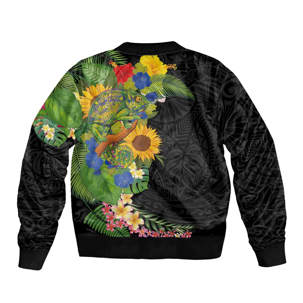 Hawaiian Tropical Plants and Chameleon Sleeve Zip Bomber Jacket Polynesian Art Colorful LT03 - Polynesian Pride