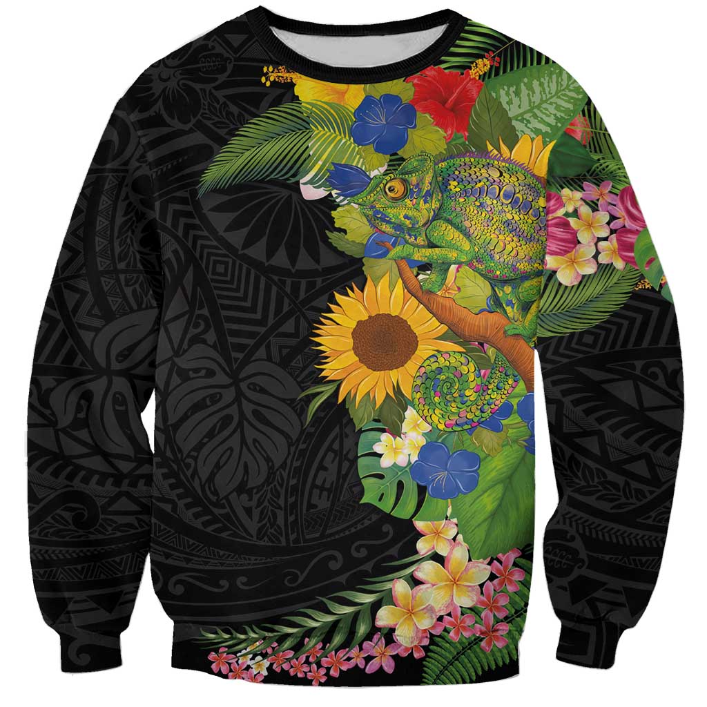 Hawaiian Tropical Plants and Chameleon Sweatshirt Polynesian Art Colorful - Polynesian Pride