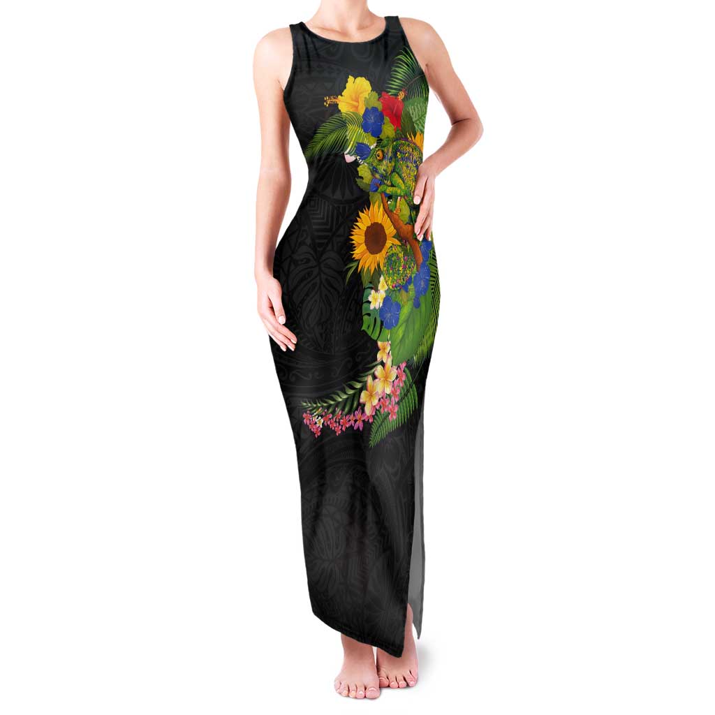 Hawaiian Tropical Plants and Chameleon Tank Maxi Dress Polynesian Art Colorful - Polynesian Pride
