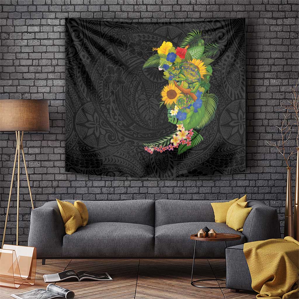 Hawaiian Tropical Plants and Chameleon Tapestry Polynesian Art Colorful - Polynesian Pride