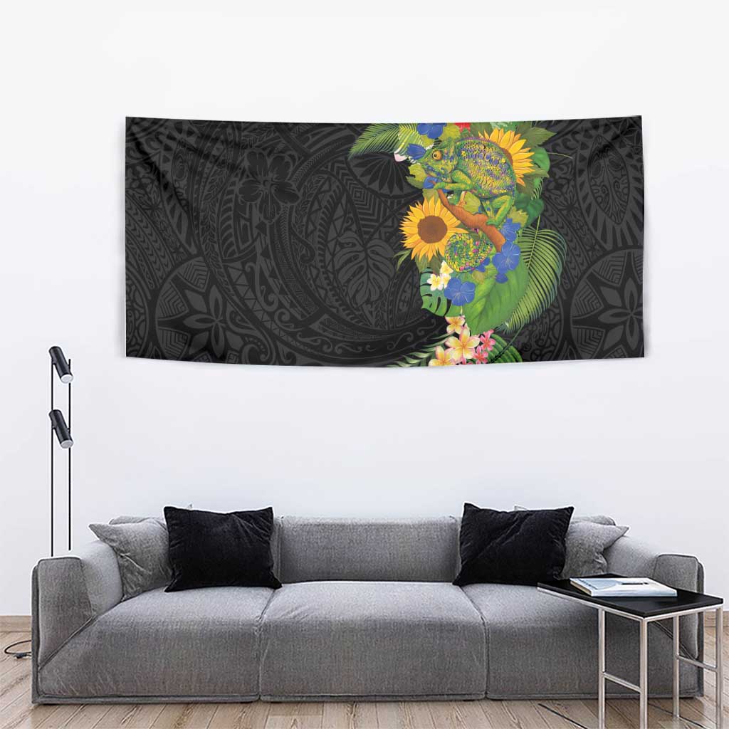 Hawaiian Tropical Plants and Chameleon Tapestry Polynesian Art Colorful - Polynesian Pride